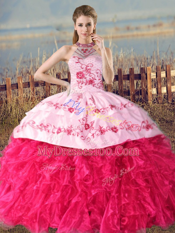 Gorgeous Sleeveless Court Train Embroidery and Ruffles Lace Up Sweet 16 Dresses