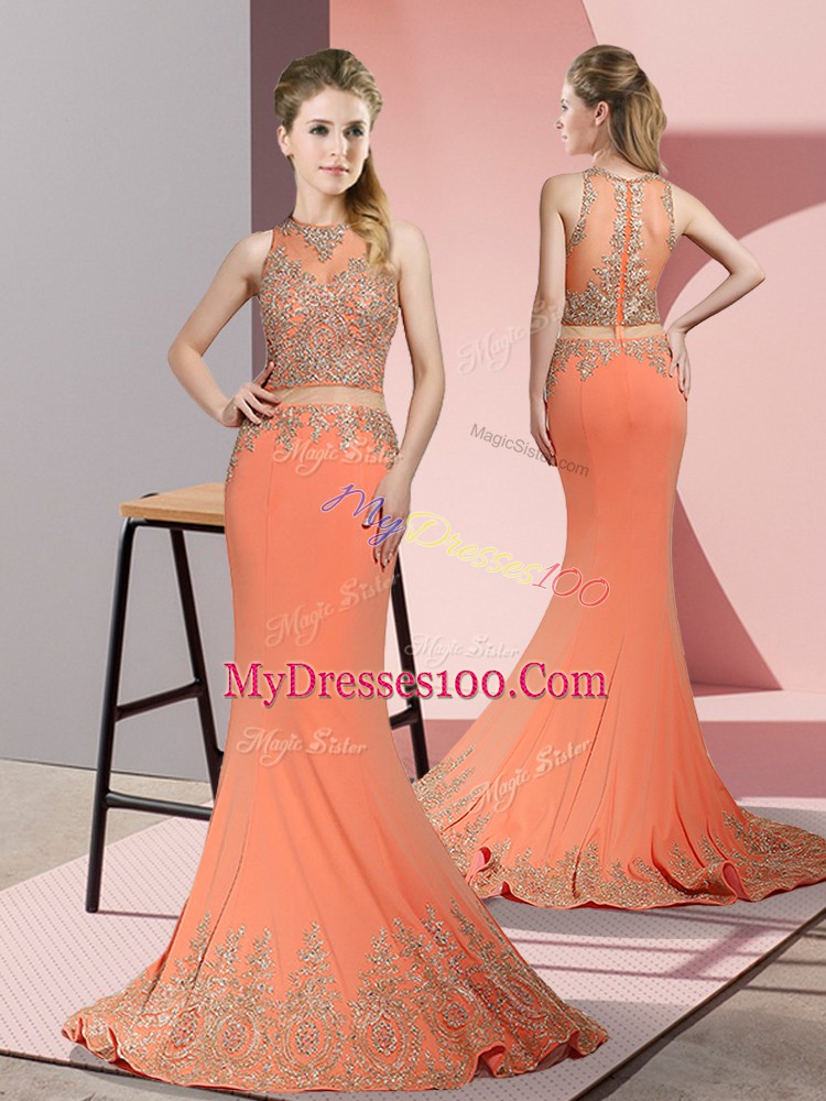 High-neck Sleeveless Satin Prom Evening Gown Beading and Appliques Sweep Train Zipper