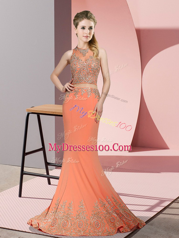 High-neck Sleeveless Satin Prom Evening Gown Beading and Appliques Sweep Train Zipper