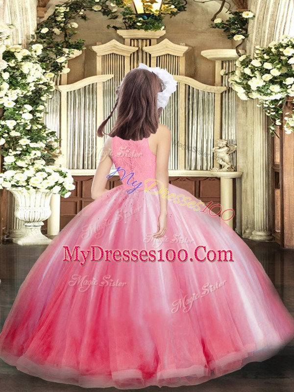 Floor Length Ball Gowns Sleeveless Pink Pageant Gowns For Girls Zipper