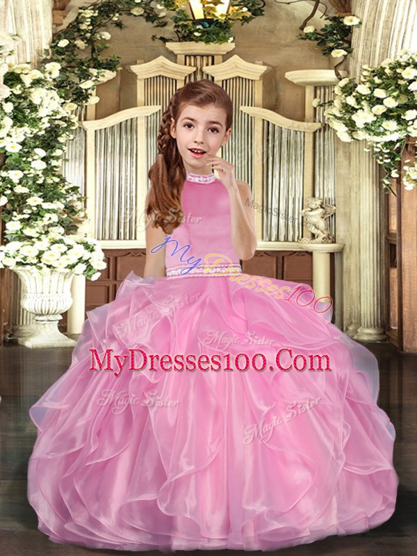 Simple Baby Pink Sleeveless Floor Length Beading and Ruffles Lace Up Pageant Dress Womens