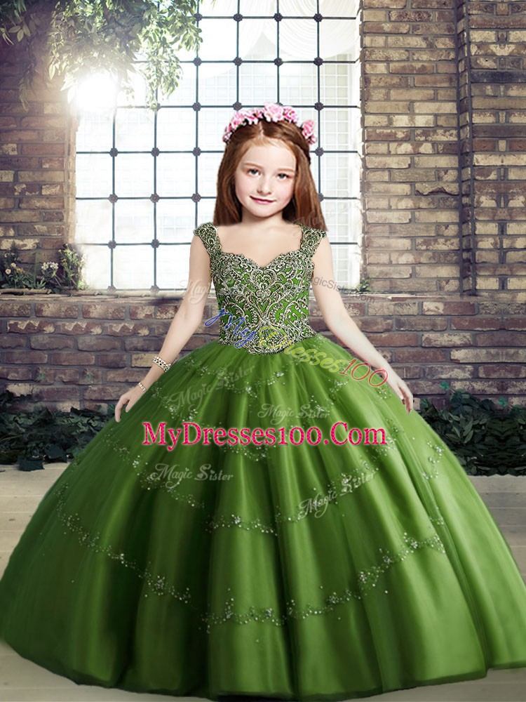 Green Straps Neckline Beading Little Girls Pageant Gowns Sleeveless Lace Up