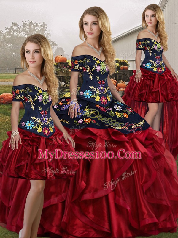 Red And Black Organza Lace Up Off The Shoulder Sleeveless Floor Length Sweet 16 Dresses Embroidery and Ruffles