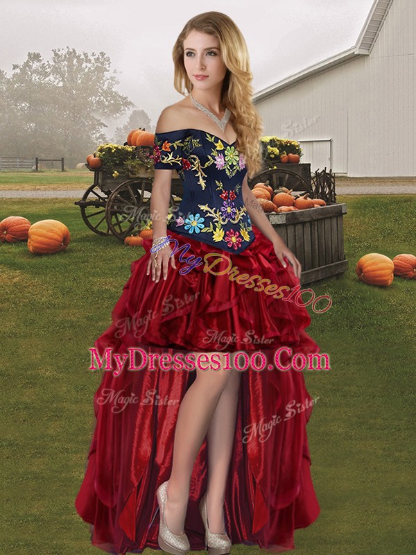 Red And Black Organza Lace Up Off The Shoulder Sleeveless Floor Length Sweet 16 Dresses Embroidery and Ruffles