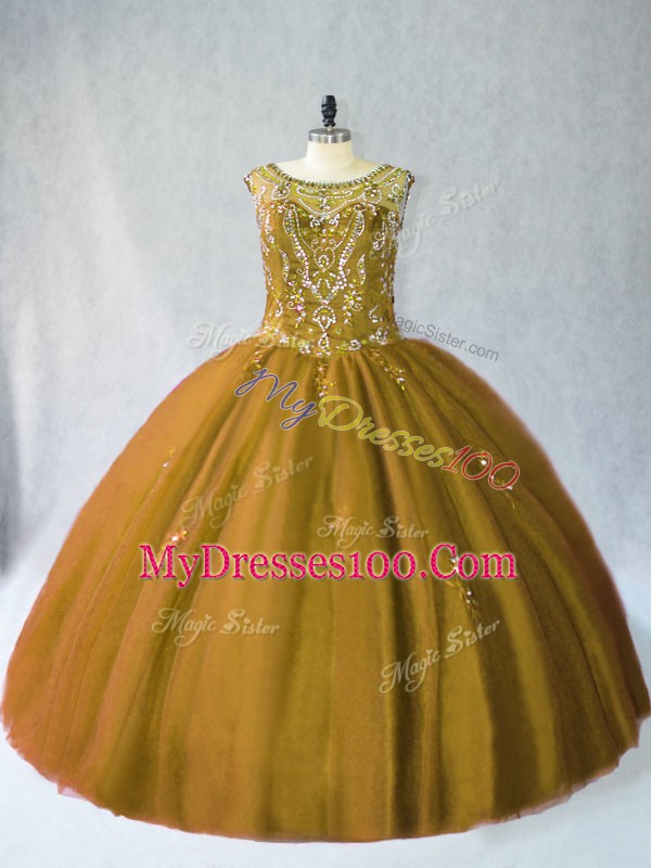 Fashionable Floor Length Lace Up Sweet 16 Dress Brown for Sweet 16 and Quinceanera with Beading