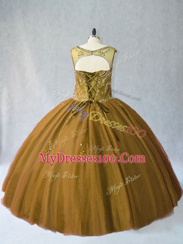 Fashionable Floor Length Lace Up Sweet 16 Dress Brown for Sweet 16 and Quinceanera with Beading