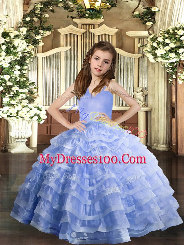 Enchanting Lavender Organza Lace Up Straps Sleeveless Floor Length Little Girls Pageant Gowns Ruffled Layers