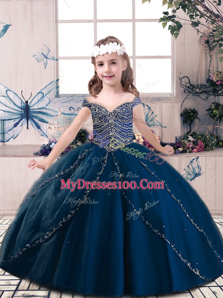 Floor Length Lace Up Kids Pageant Dress Navy Blue for Party and Sweet 16 and Wedding Party with Beading
