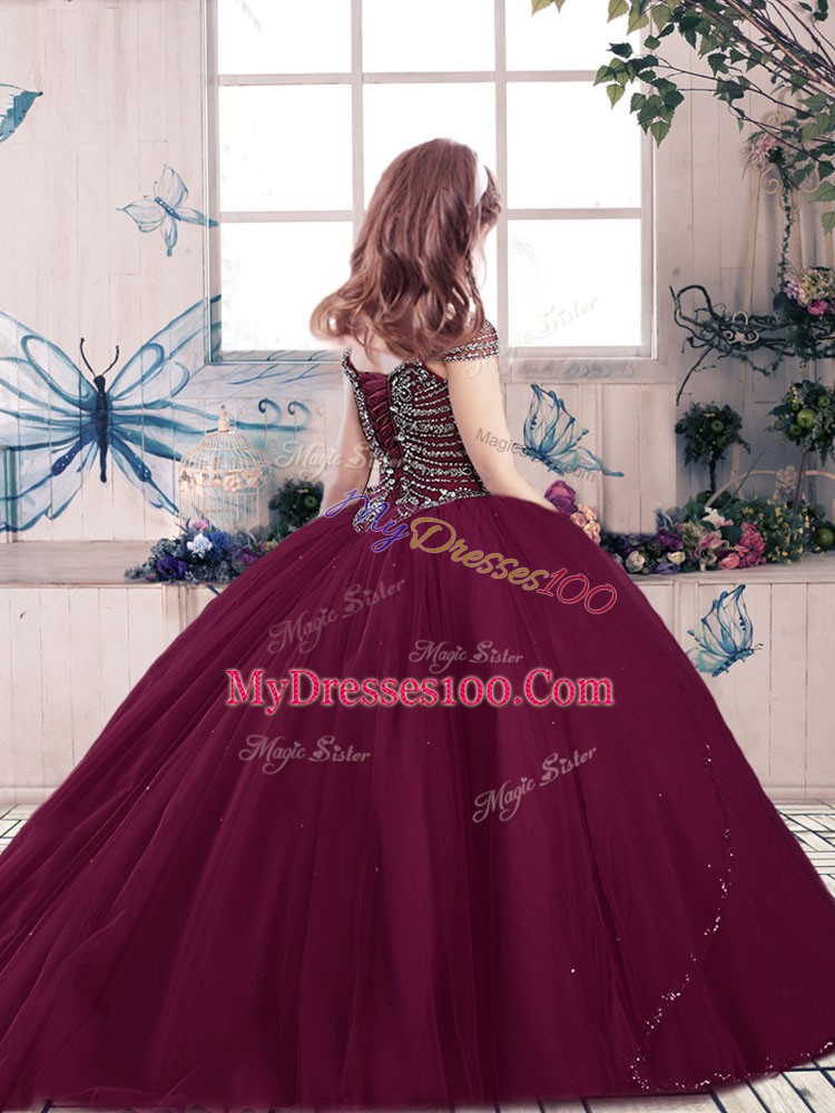 Floor Length Lace Up Kids Pageant Dress Navy Blue for Party and Sweet 16 and Wedding Party with Beading