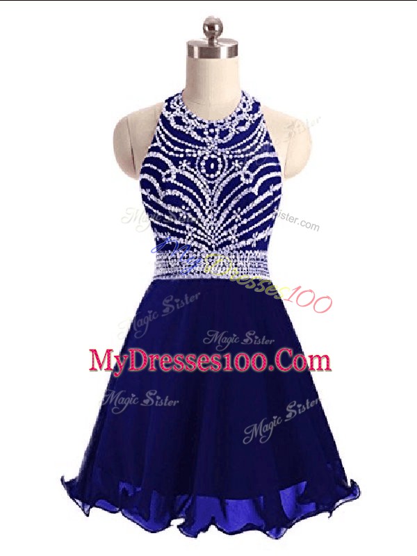 Colorful Halter Top Sleeveless Prom Dresses Mini Length Beading Blue Chiffon