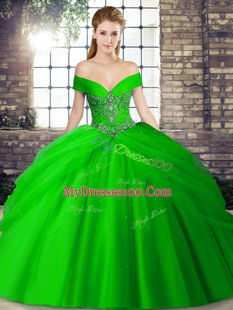 Excellent Green 15 Quinceanera Dress Tulle Brush Train Sleeveless Beading and Pick Ups