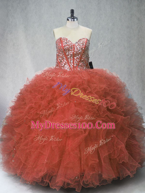 Tulle Sweetheart Sleeveless Lace Up Beading and Ruffles Quinceanera Dress in Rust Red