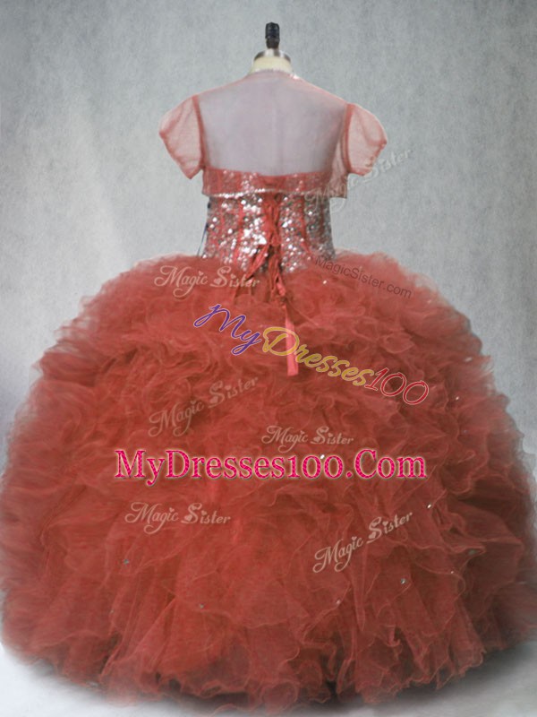 Tulle Sweetheart Sleeveless Lace Up Beading and Ruffles Quinceanera Dress in Rust Red