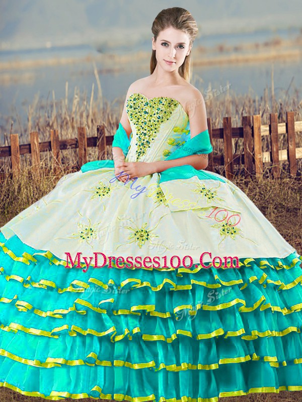 Beading and Ruffled Layers Quinceanera Dress Aqua Blue Lace Up Sleeveless Floor Length