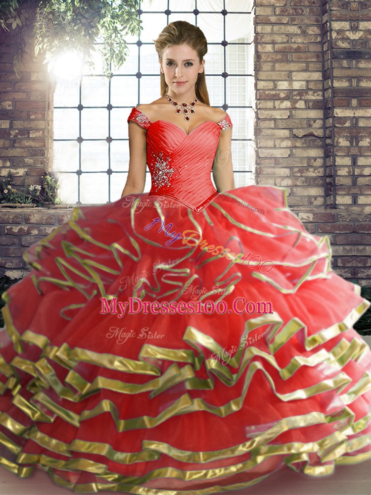 Discount Coral Red Ball Gowns Off The Shoulder Sleeveless Tulle Floor Length Lace Up Beading and Ruffled Layers Quinceanera Dress