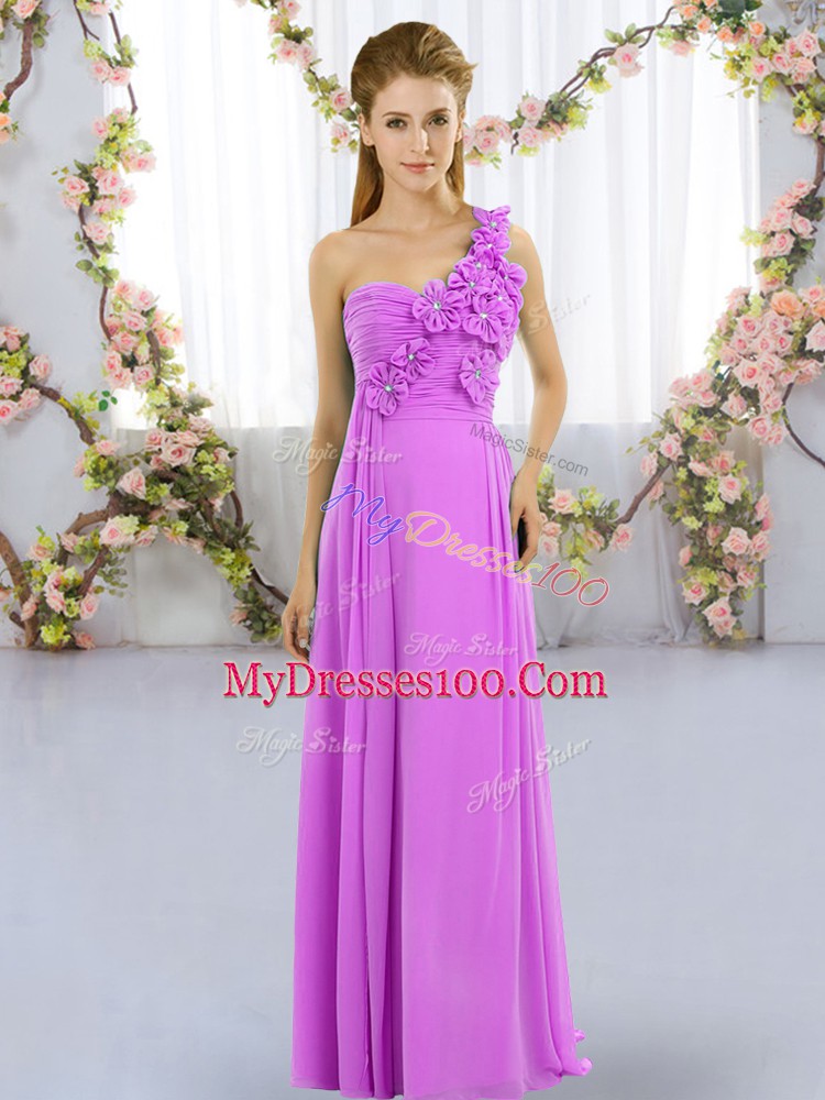 Lilac Vestidos de Damas Wedding Party with Hand Made Flower One Shoulder Sleeveless Lace Up