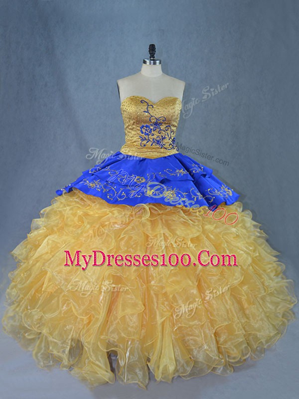 Organza Sweetheart Sleeveless Brush Train Lace Up Embroidery and Ruffles Quinceanera Dress in Gold