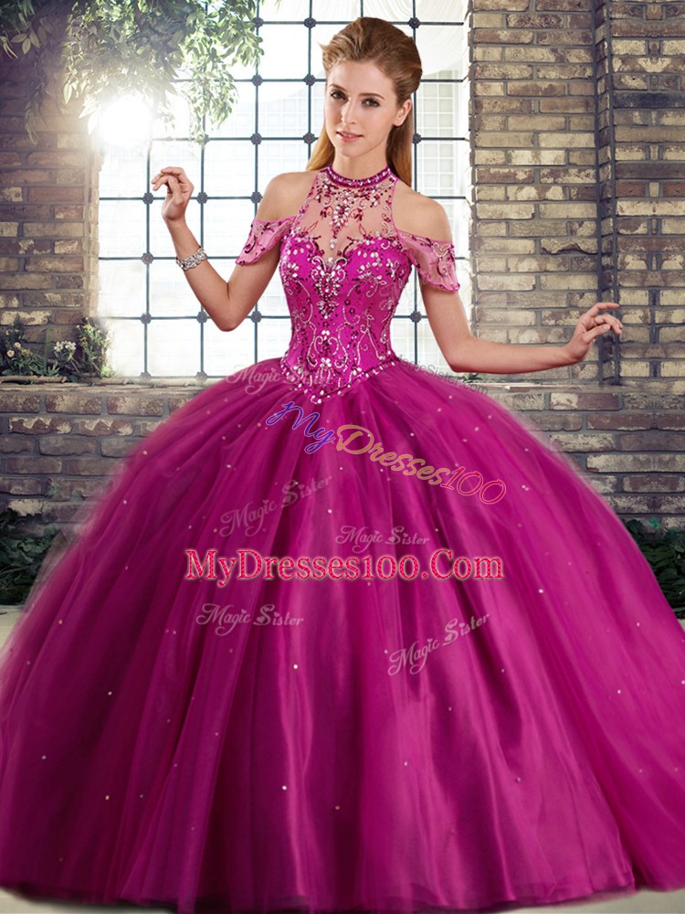 Fuchsia Tulle Lace Up Sweet 16 Dress Sleeveless Brush Train Beading