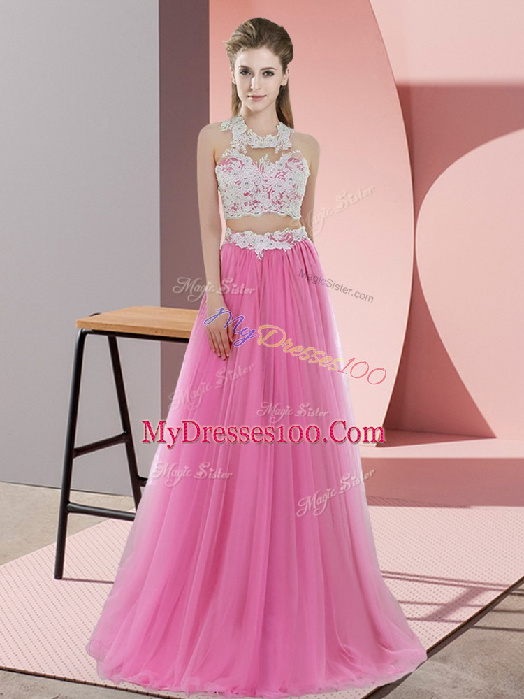 Rose Pink Halter Top Neckline Lace Bridesmaid Dresses Sleeveless Zipper