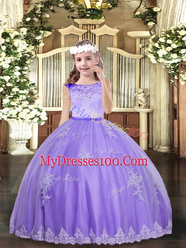 Customized Lavender Tulle Zipper Pageant Gowns Sleeveless Floor Length Lace and Appliques
