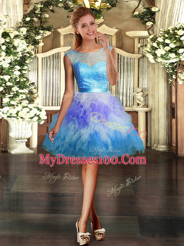 Multi-color Scoop Backless Lace and Ruffles Evening Dress Sleeveless
