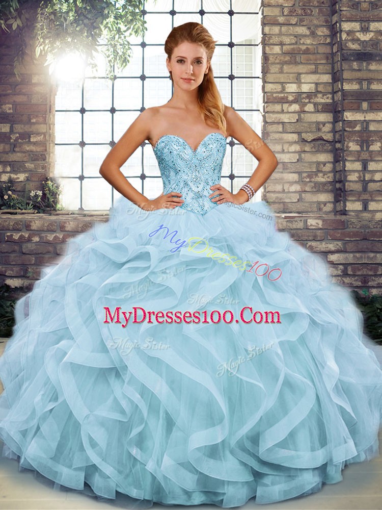 Tulle Sweetheart Sleeveless Lace Up Beading and Ruffles Sweet 16 Quinceanera Dress in Light Blue