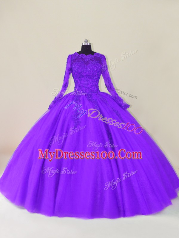 Purple Zipper Scalloped Lace and Appliques Vestidos de Quinceanera Tulle Long Sleeves
