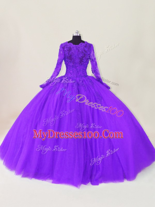 Purple Zipper Scalloped Lace and Appliques Vestidos de Quinceanera Tulle Long Sleeves