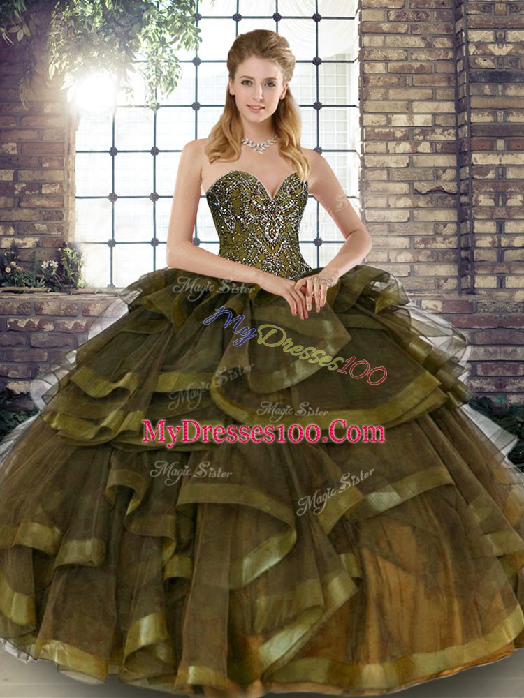 Olive Green Sweet 16 Dress Military Ball and Sweet 16 and Quinceanera with Beading and Ruffles Sweetheart Sleeveless Lace Up