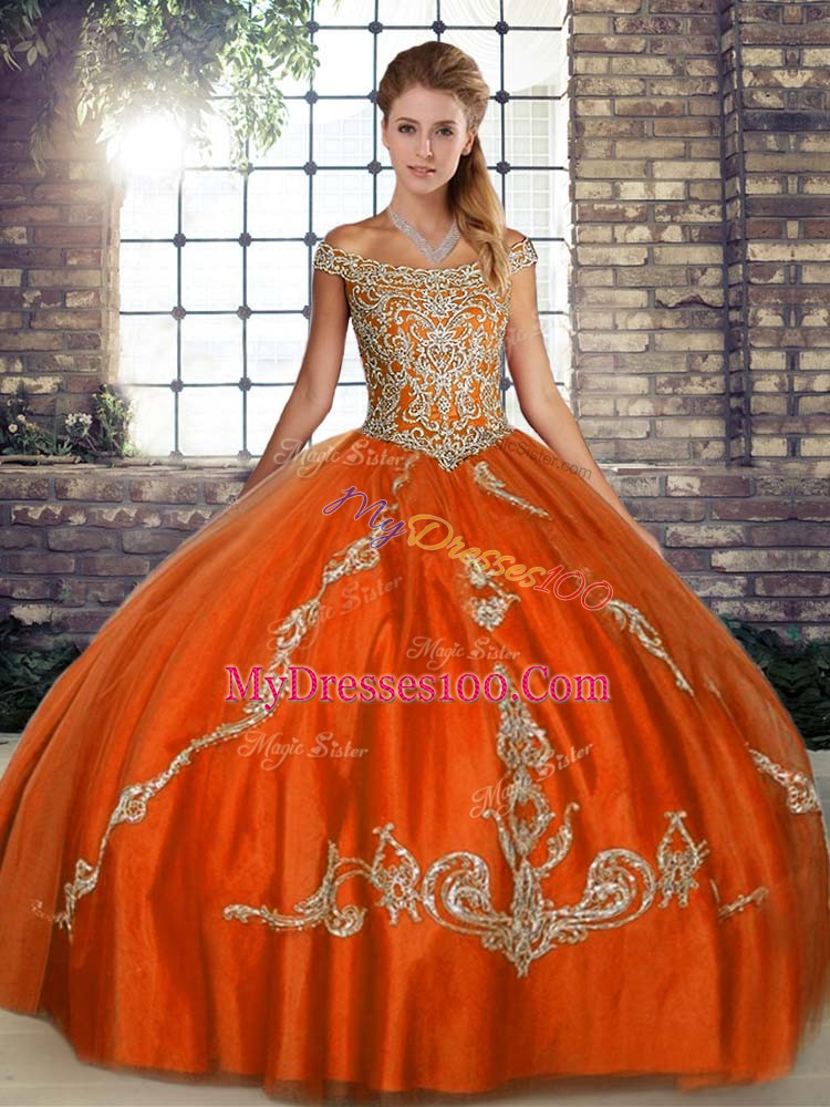 Orange Red Sleeveless Tulle Lace Up Vestidos de Quinceanera for Military Ball and Sweet 16 and Quinceanera