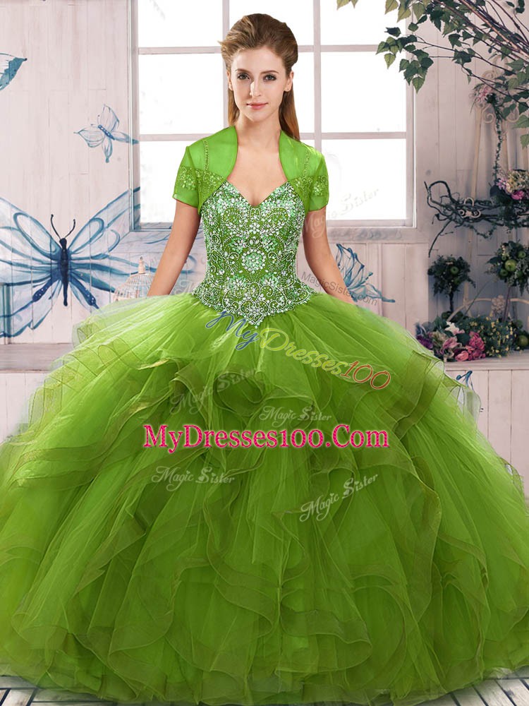 Captivating Olive Green Sleeveless Floor Length Beading and Ruffles Lace Up Ball Gown Prom Dress