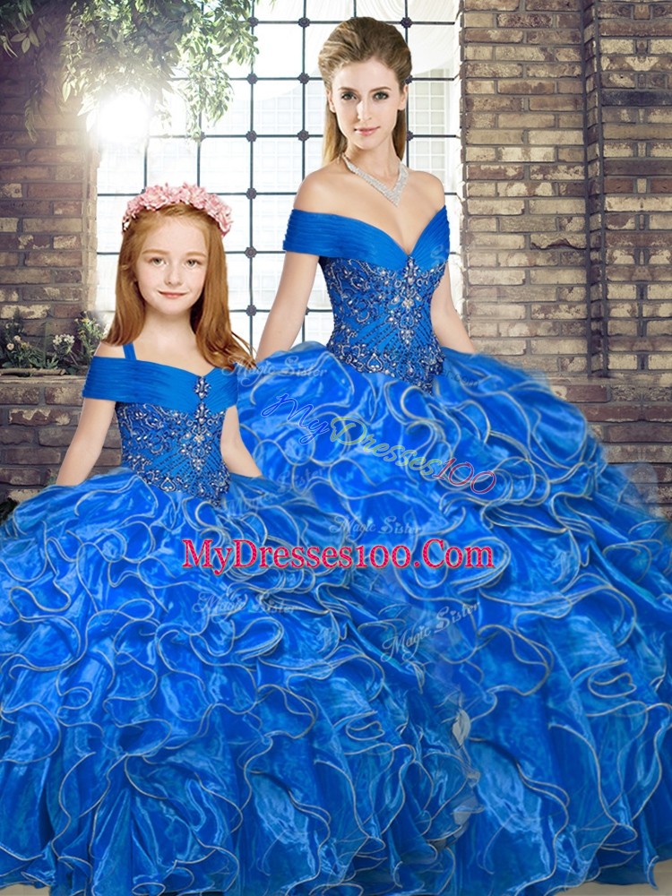 Off The Shoulder Sleeveless Lace Up Quinceanera Dress Royal Blue Organza