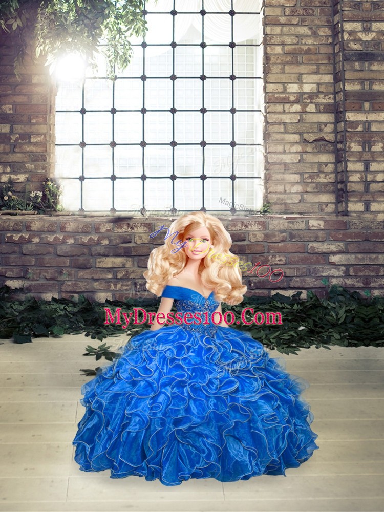 Off The Shoulder Sleeveless Lace Up Quinceanera Dress Royal Blue Organza
