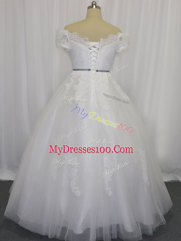 Pretty White Ball Gowns Tulle Off The Shoulder Short Sleeves Lace and Belt Floor Length Lace Up Bridal Gown