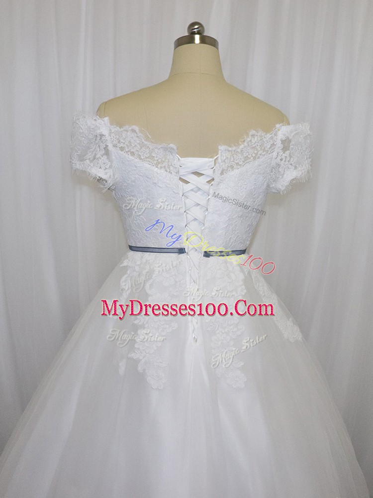 Pretty White Ball Gowns Tulle Off The Shoulder Short Sleeves Lace and Belt Floor Length Lace Up Bridal Gown