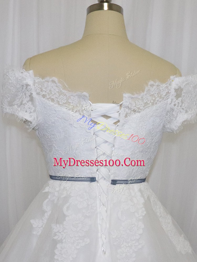 Pretty White Ball Gowns Tulle Off The Shoulder Short Sleeves Lace and Belt Floor Length Lace Up Bridal Gown