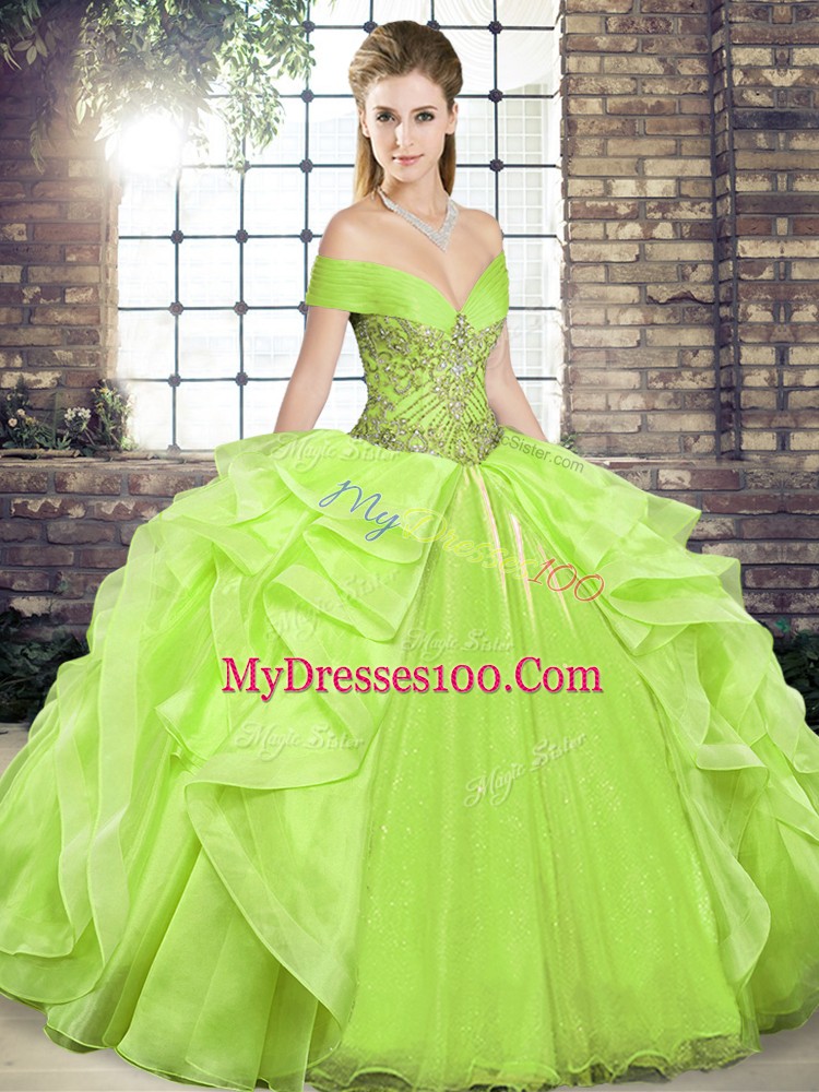 Popular Off The Shoulder Sleeveless Organza Sweet 16 Quinceanera Dress Beading and Ruffles Lace Up
