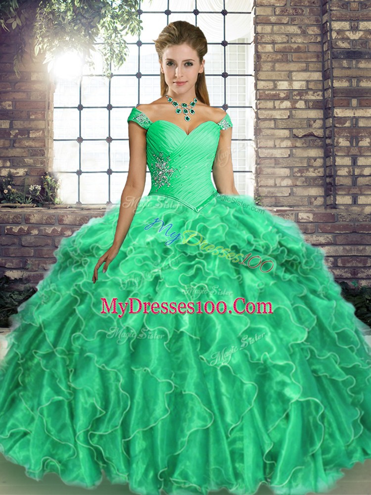 Sleeveless Organza Brush Train Lace Up Ball Gown Prom Dress in Turquoise with Beading and Ruffles