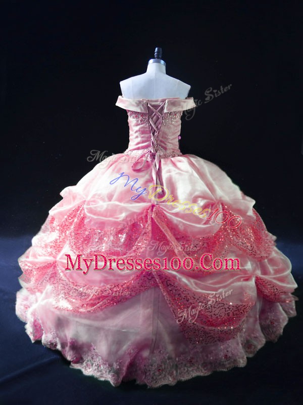 Ball Gowns Sweet 16 Dresses Rose Pink Off The Shoulder Organza Sleeveless Floor Length Lace Up