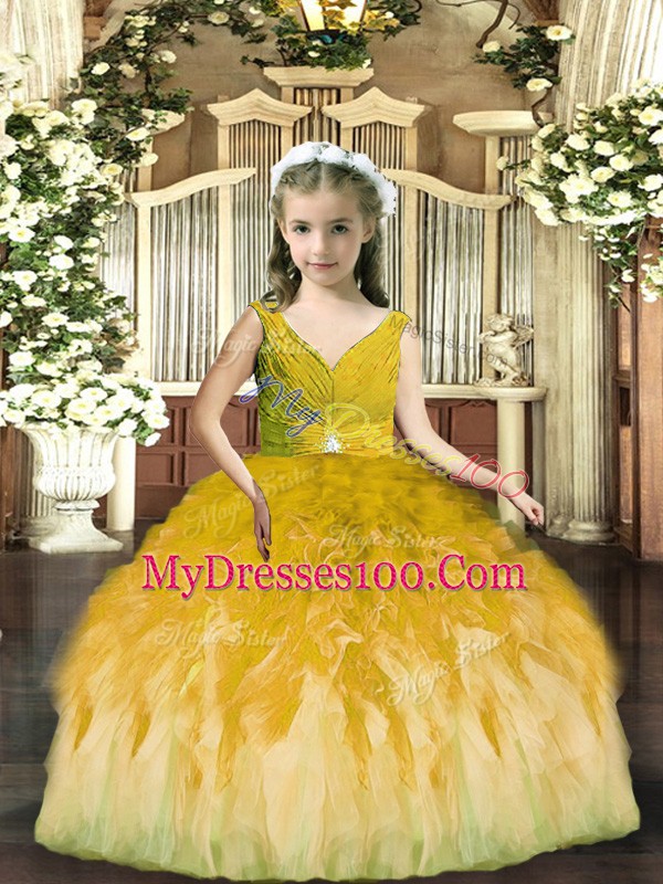 Ball Gowns Kids Formal Wear Olive Green V-neck Tulle Sleeveless Floor Length Backless