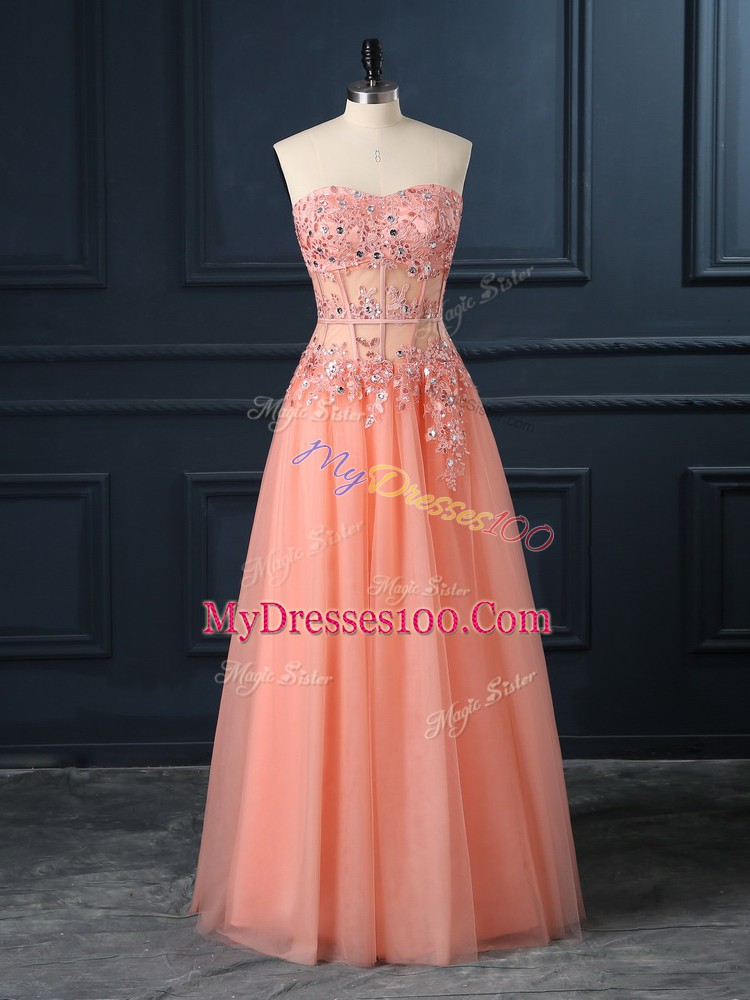 Sleeveless Tulle Floor Length Zipper Evening Dress in Orange with Lace and Appliques