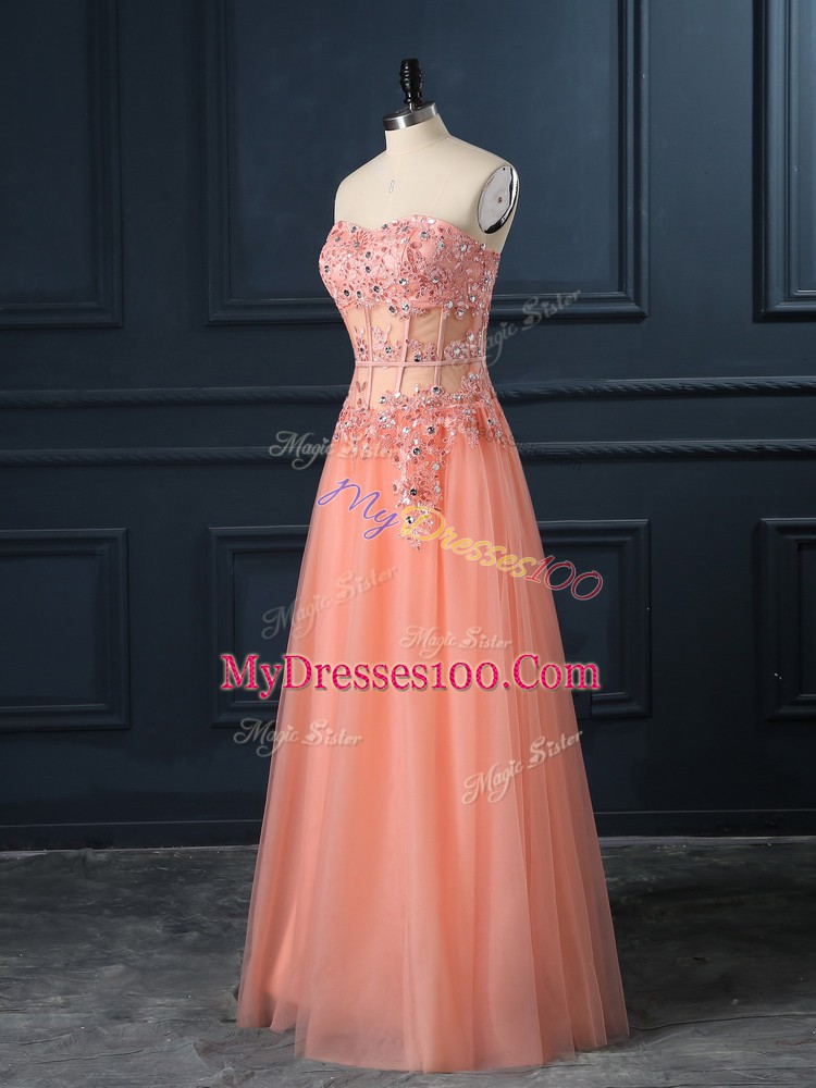 Sleeveless Tulle Floor Length Zipper Evening Dress in Orange with Lace and Appliques