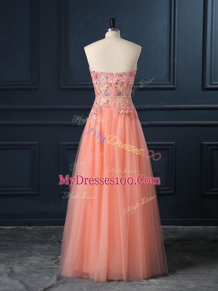 Sleeveless Tulle Floor Length Zipper Evening Dress in Orange with Lace and Appliques