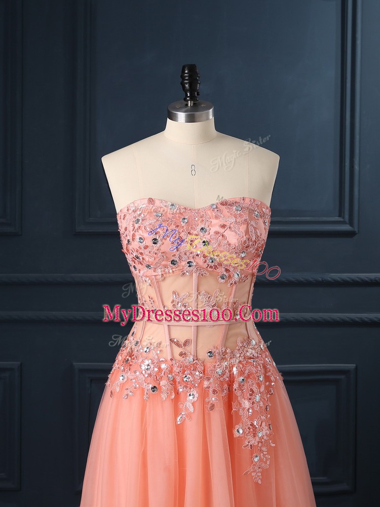 Sleeveless Tulle Floor Length Zipper Evening Dress in Orange with Lace and Appliques