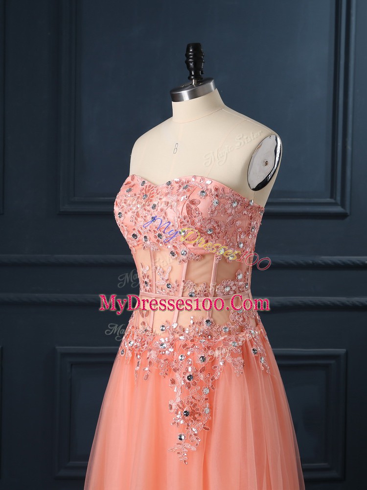 Sleeveless Tulle Floor Length Zipper Evening Dress in Orange with Lace and Appliques