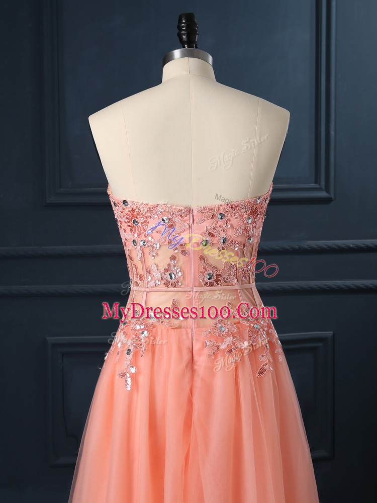 Sleeveless Tulle Floor Length Zipper Evening Dress in Orange with Lace and Appliques