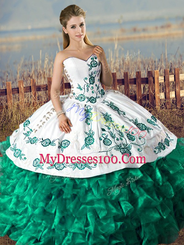 Sweetheart Sleeveless Quince Ball Gowns Floor Length Embroidery and Ruffles Green Organza