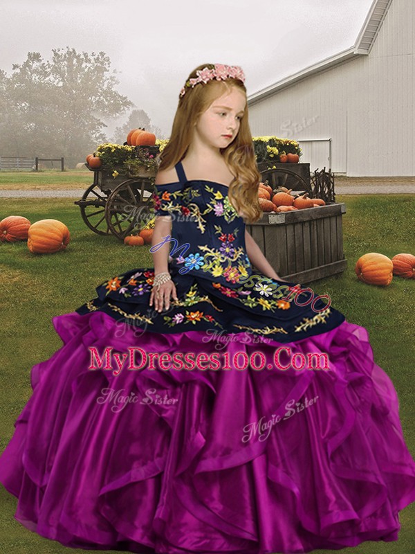 Floor Length Fuchsia Pageant Gowns For Girls Straps Sleeveless Lace Up