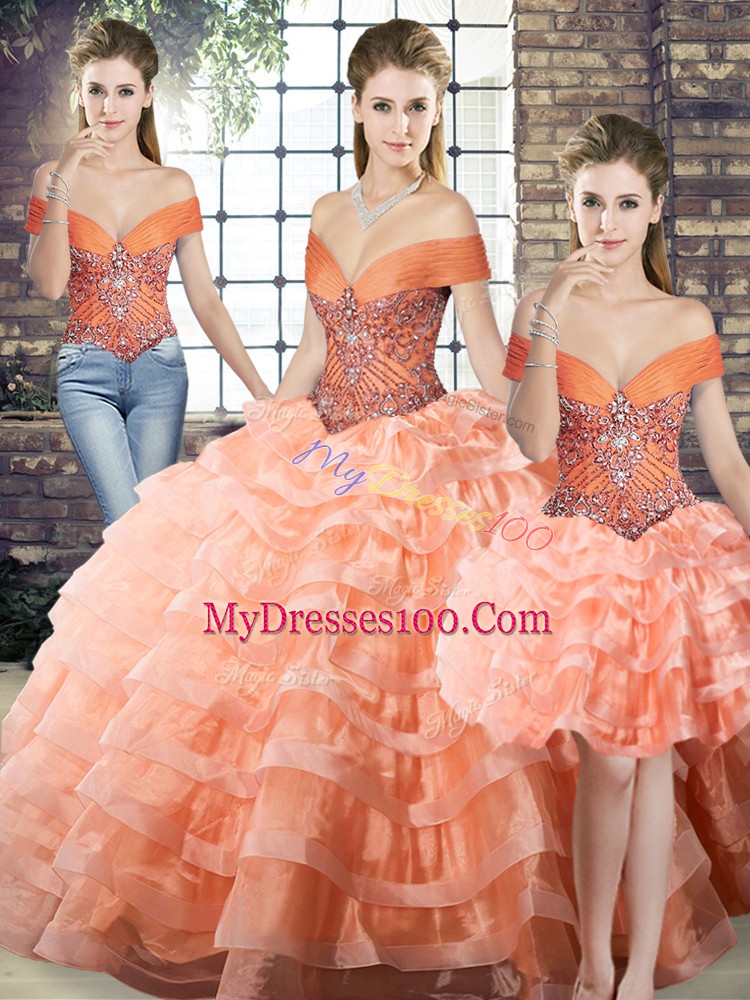 Cheap Peach Organza Lace Up Sweet 16 Dresses Sleeveless Brush Train Beading and Ruffled Layers