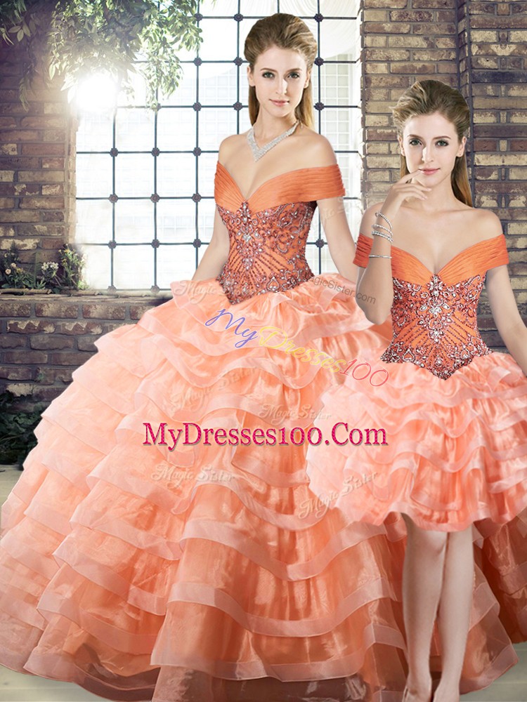 Cheap Peach Organza Lace Up Sweet 16 Dresses Sleeveless Brush Train Beading and Ruffled Layers